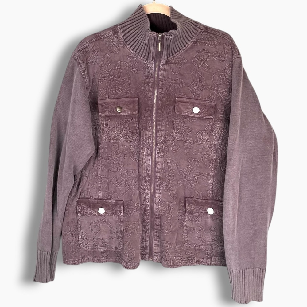 Denim & Co Embroidered Corduroy Knit Mixed Media Zip Jacket Plum Purple 1X
